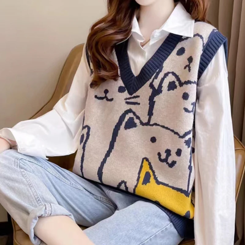 Top Trends: Women Cat Printed Cute Sweater Vest Knit V-Neck Casual Sleeveless Pullovers Streetwear Sweater Vest For Women 2023 Autumn Shoppable Styles - Image 2