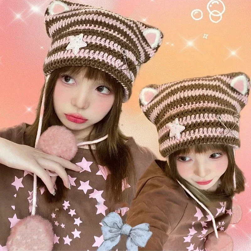 Top Trends: Y2K Beanie Hat Ins Devil Ear Striped Knitted Wool Cap Autumn Winter Pentagram Cute Cat Ears Pointed Pullover Women's Hats Shoppable Styles