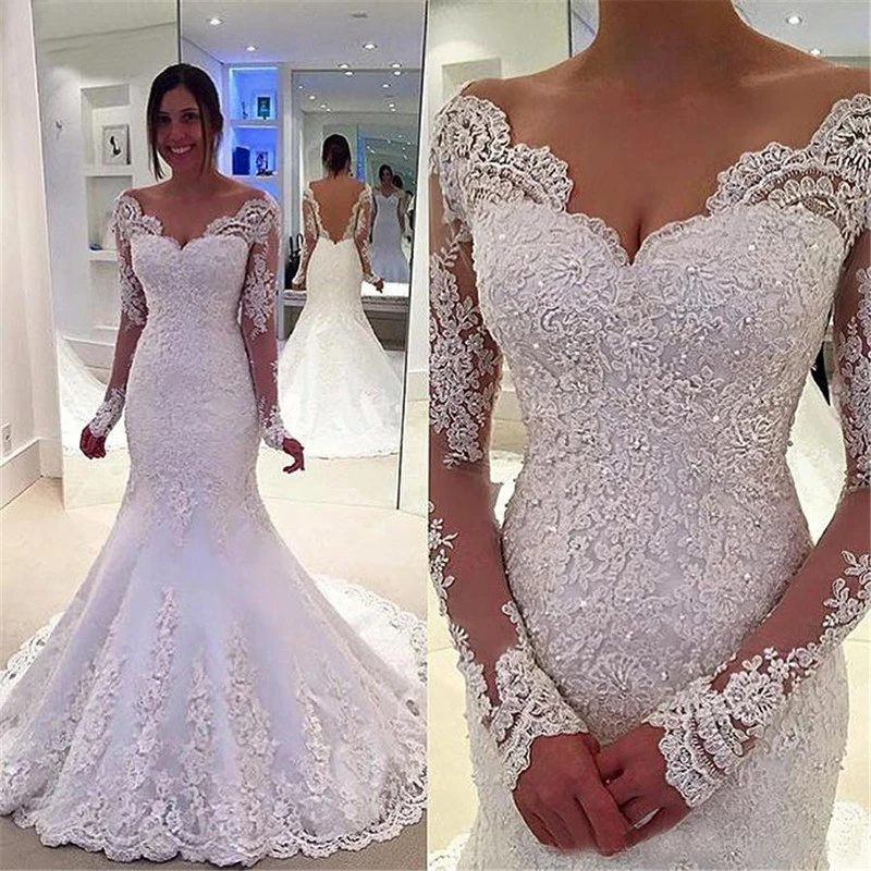 Top Trends: Beads Mermaid Ivory White Wedding Dress Lace Vestido De Noiva Long Sleeves Wedding Gown For Bride 2022 Elegant V Neck Backless Shoppable Styles