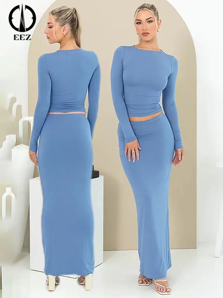 Top Trends: Fashion Luxurious Two Piece Set Women Long Sleeve Crop Top Casual Skinny High Waist Midi Skirt Blue Coquette Partywear Y2k Skirt Shoppable Styles