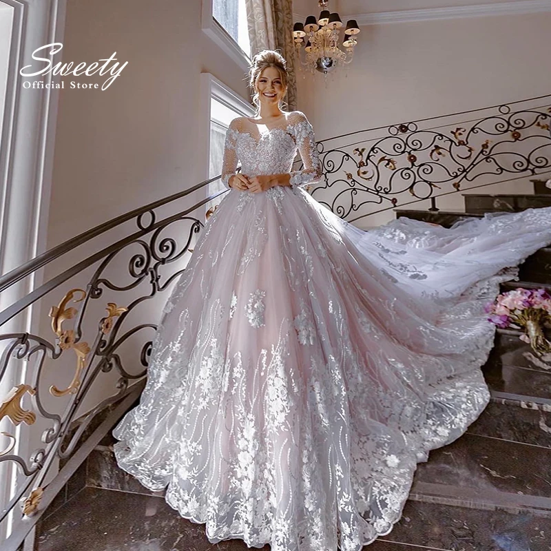 Top Trends: Luxury Wedding Dressembroidered Lace On Net With Princess Ball Gown Full Sleeve O-Neck Bride Dress Back Button Vestido De Novia Shoppable Styles