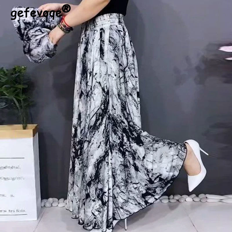 Top Trends: 2023 Summer Women Fashion Vintage Print Elegant Party Long Skirt Loose Elastic High Waist Pleated Maxi Skirts Jupe Ropa De Mujer Shoppable Styles