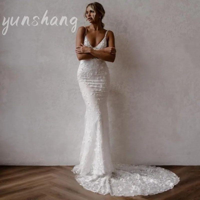 Top Trends: Yunshang Elegant Mermaid Wedding Dresses White Lace Open Back V-Neck Spaghetti Straps Bridal Gown Sweep Train Vestido De Novia Shoppable Styles