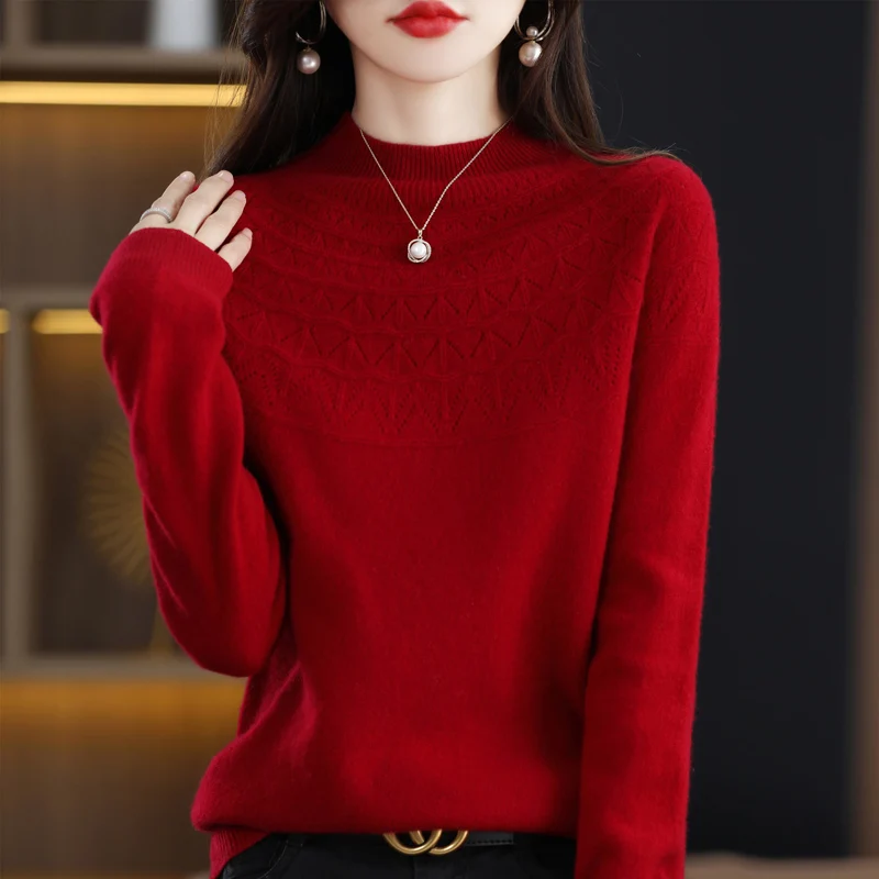 Top Trends: New Cashmere Sweater In Autumn And Winter 100% Pure Wool Women's Semi-high-necked Knitted Pullover Hollowed-out Fashion Top Shoppable Styles - Image 5