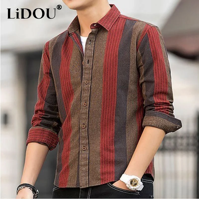 Top Trends: Spring Autumn New Fashion Striped Shirt Man Turn-down Collar Long Sleeve Single Breasted Cardigan High Street Contrast Color Top Shoppable Styles