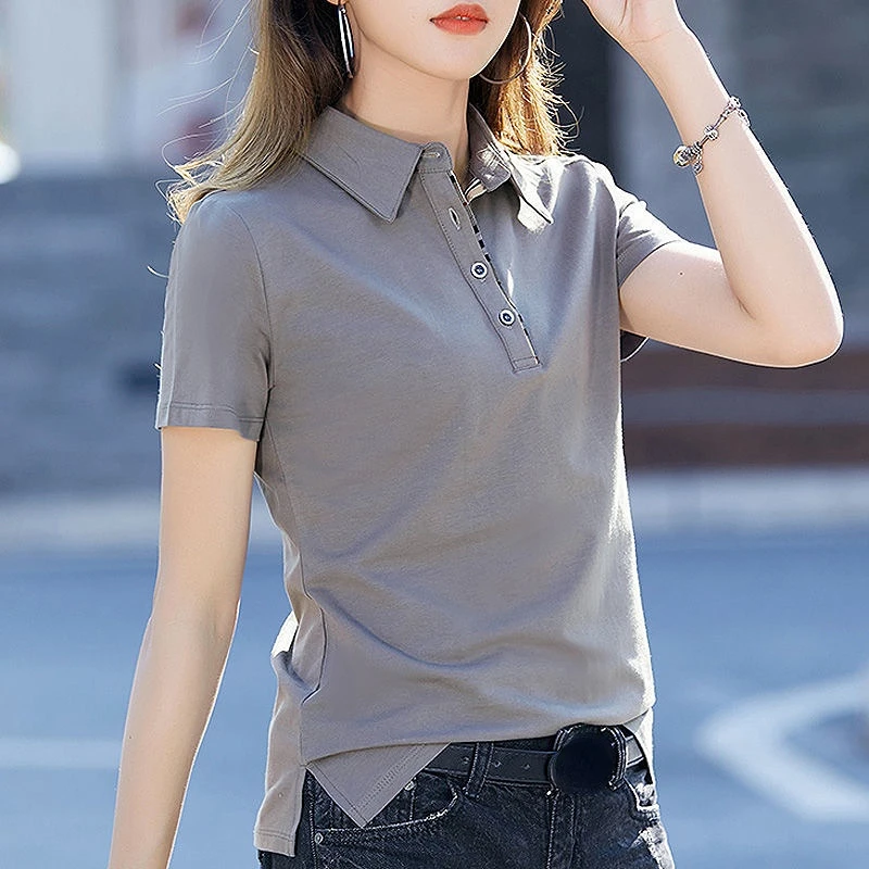 Top Trends: Polo Neck Shirts For Women Button Tops Plain T-shirt Woman Short Sleeve Tee Clothing Cotton Polyester Luxury With Collar Cute V Shoppable Styles