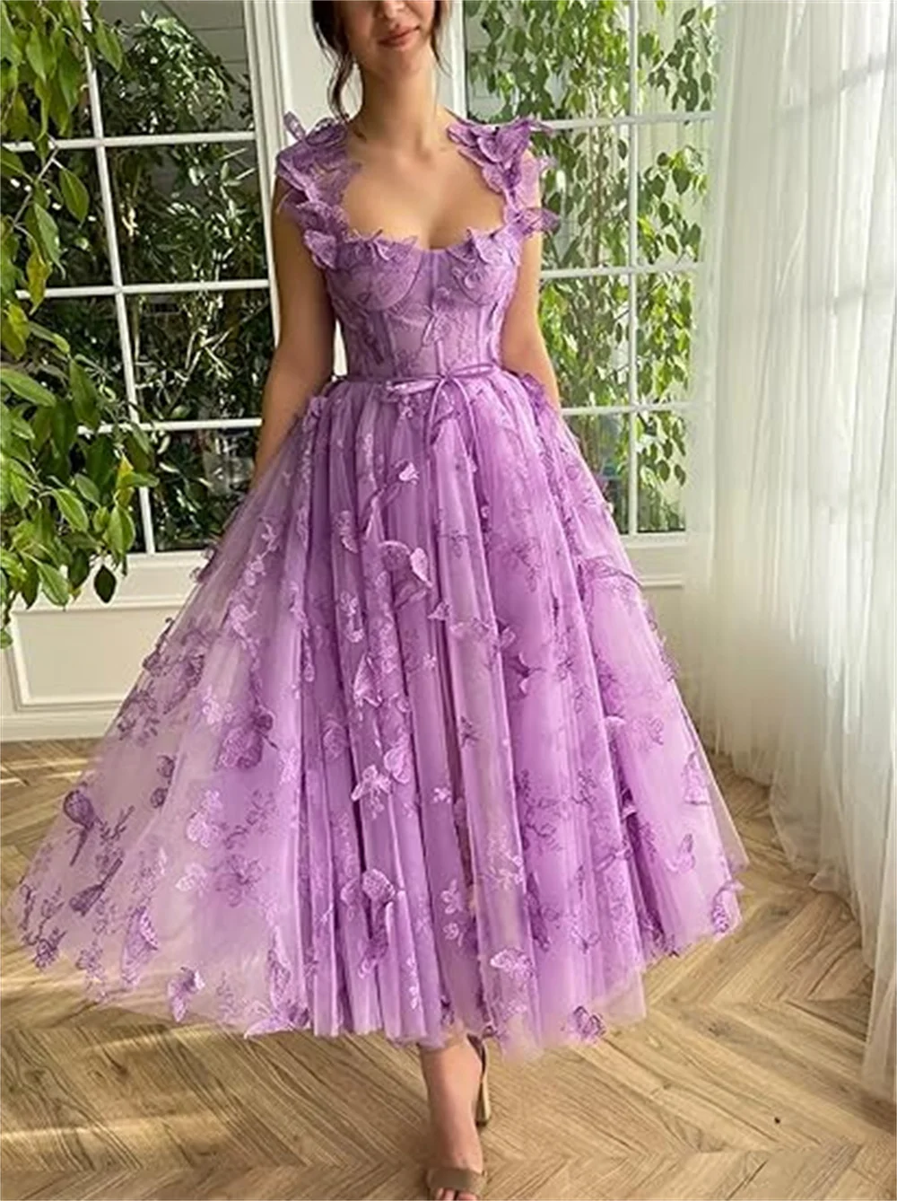 Top Trends: 2024 Elegant Butterfly Lace Applique Tulle Prom Dresses For Women Spaghetti Straps Tea Length Formal Evening Party Gowns Slit Shoppable Styles