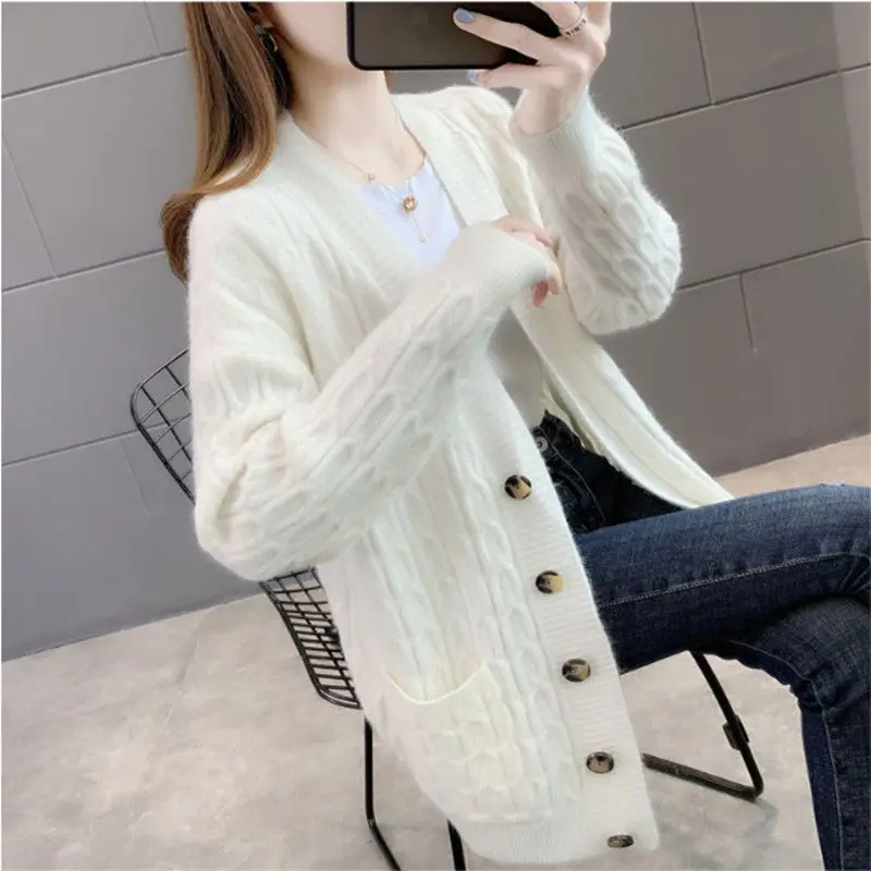 Top Trends: Knitted Cardigan Sweater Women 2023 New Autumn Winter Korean Style Long Knitwear Coat Single Breasted V-Neck Twist Jumper Tops Shoppable Styles