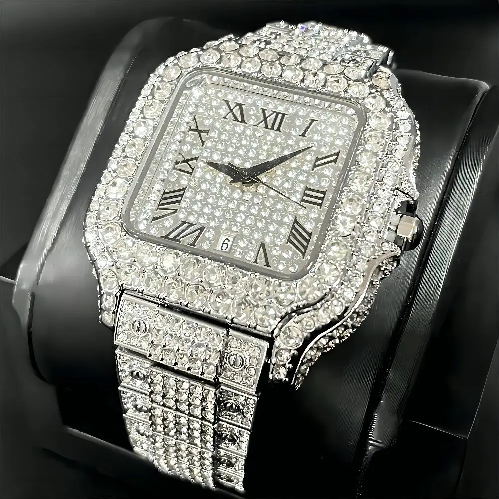 Top Trends: 2023 New Hip Hop Watches Men Luxury Automatic Date Waterproof Quartz Clocks Fashion Iced Diamond Jewelry Gold Square Wristwatch Shoppable Styles