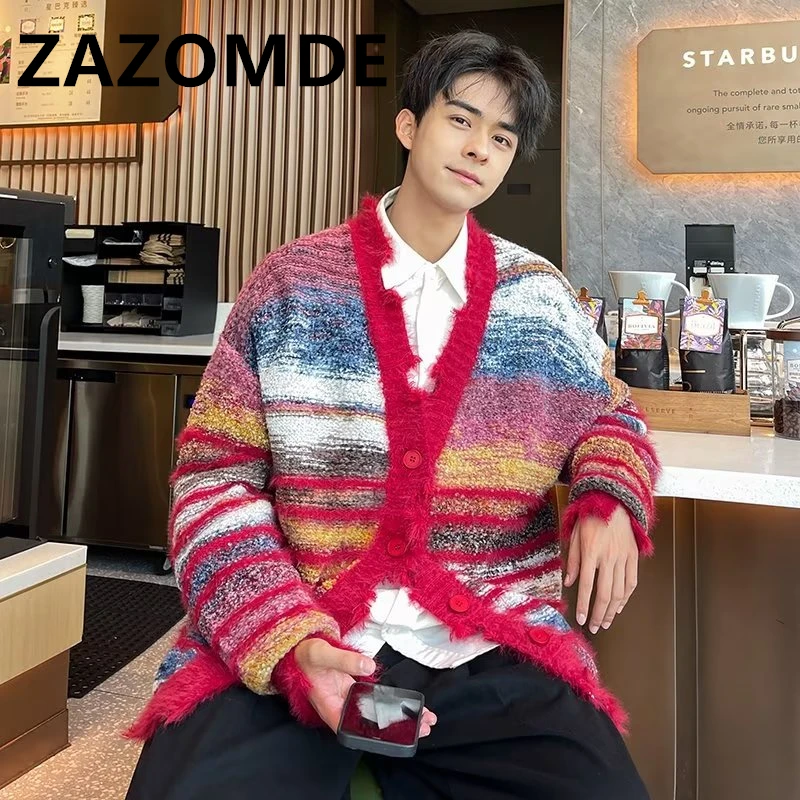 Top Trends: ZAZOMDE Winter Stripe Cardigan Sweater Knit Men Loose Couple Jumper Autumn Contrast Color Irregular Oversized Y2K Knitwear Coat Shoppable Styles - Image 6