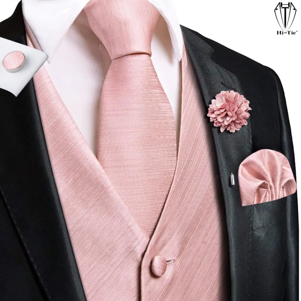 Top Trends: Hi-Tie High Quality Silk Mens Vests Pink Solid Jacquard Waistcoat Tie Hanky Cufflinks Brooch Set For Men Suit Wedding Office 3XL Shoppable Styles