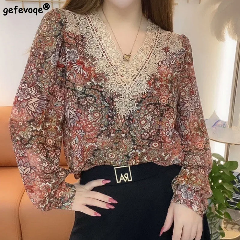 Top Trends: Summer New Fashion Casual Print Lace Patchwork Shirts V Neck Long Sleeve Loose Chiffon Blouses Elegant Office Women Clothing Shoppable Styles