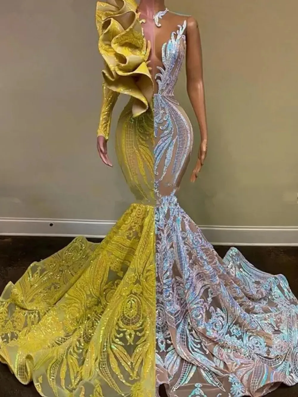 Top Trends: Contrast Color Yellow Mermaid Prom Dresses For Black Girls Long Sleeves Ruffles Sequin African Evening Graduation Gala Gowns Shoppable Styles