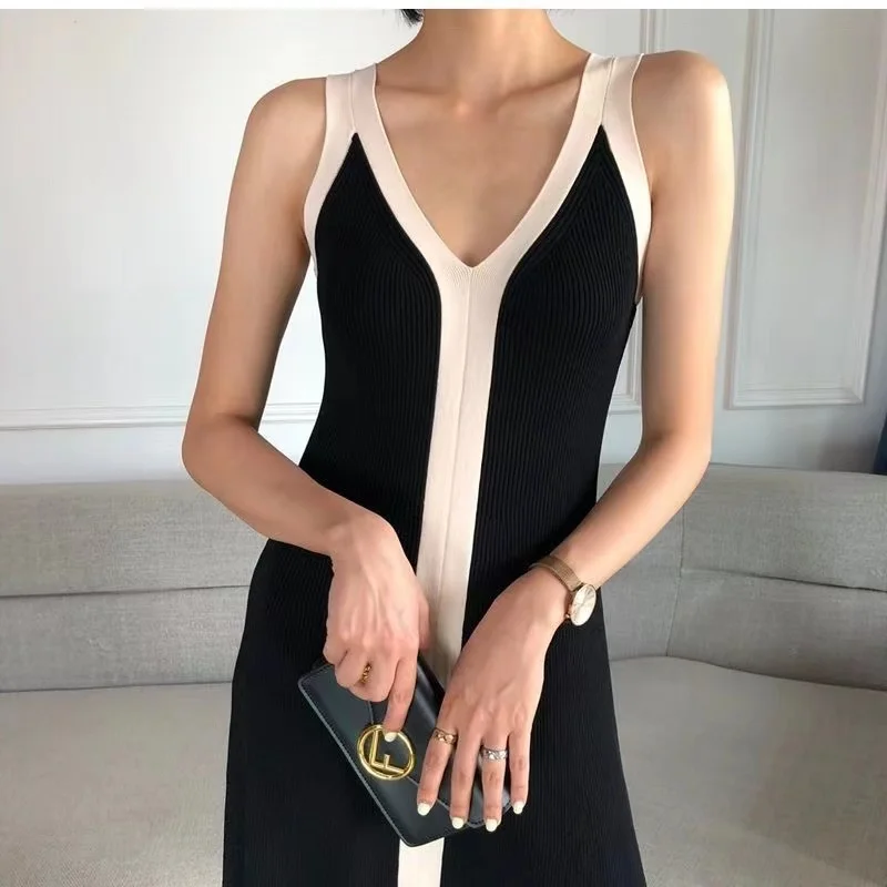 Top Trends: Fashion Women V-neck Maxi Dress Sexy Sling Sleeveless Dresses Knitted Long Dress Women Sweater Female Shoppable Styles