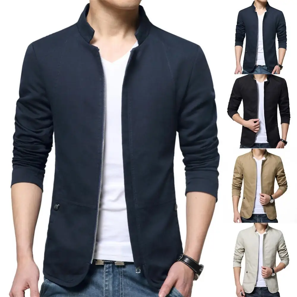 Top Trends: Casual Men Blazer Spring Autumn Stylish Business Casual Jacket Solid Color Stand Collar Zipper Pockets Thin Slim Blazer Coat Shoppable Styles