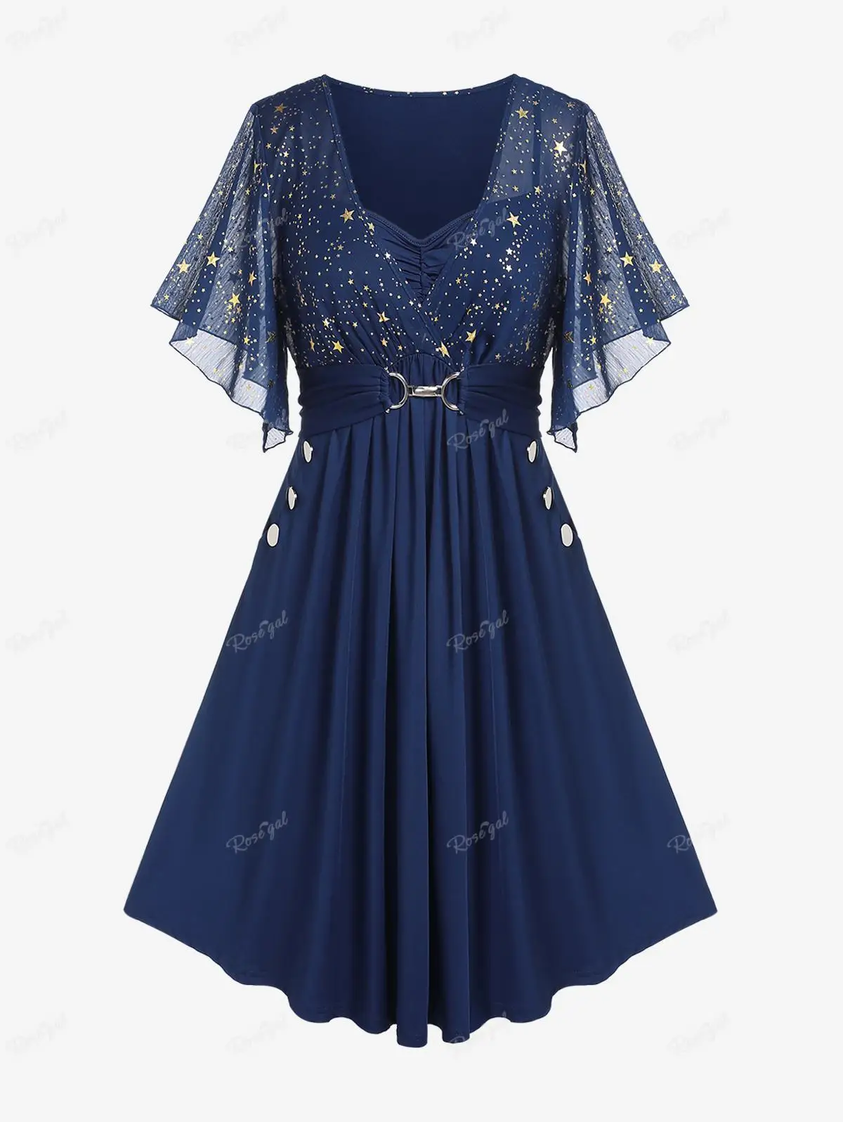 Top Trends: ROSEGAL Plus Size Stars Print Buckle Button Pockets Ruched Butterfly Sleeves Dress Deep Blue Women Casual Square Collar Dresses Shoppable Styles