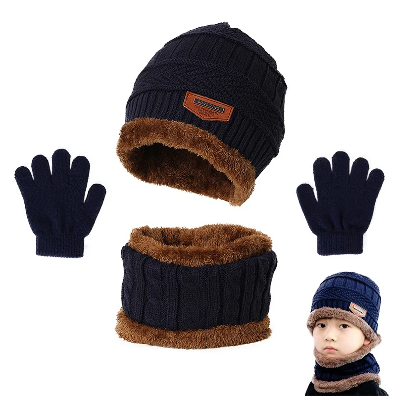 Top Trends: Winter Hat Scarf And Gloves Set Plush Warmer Children Knitted Hat Baby Boys Beanies Cap Neck Scarf Glove Suit For Kids Accessori Shoppable Styles