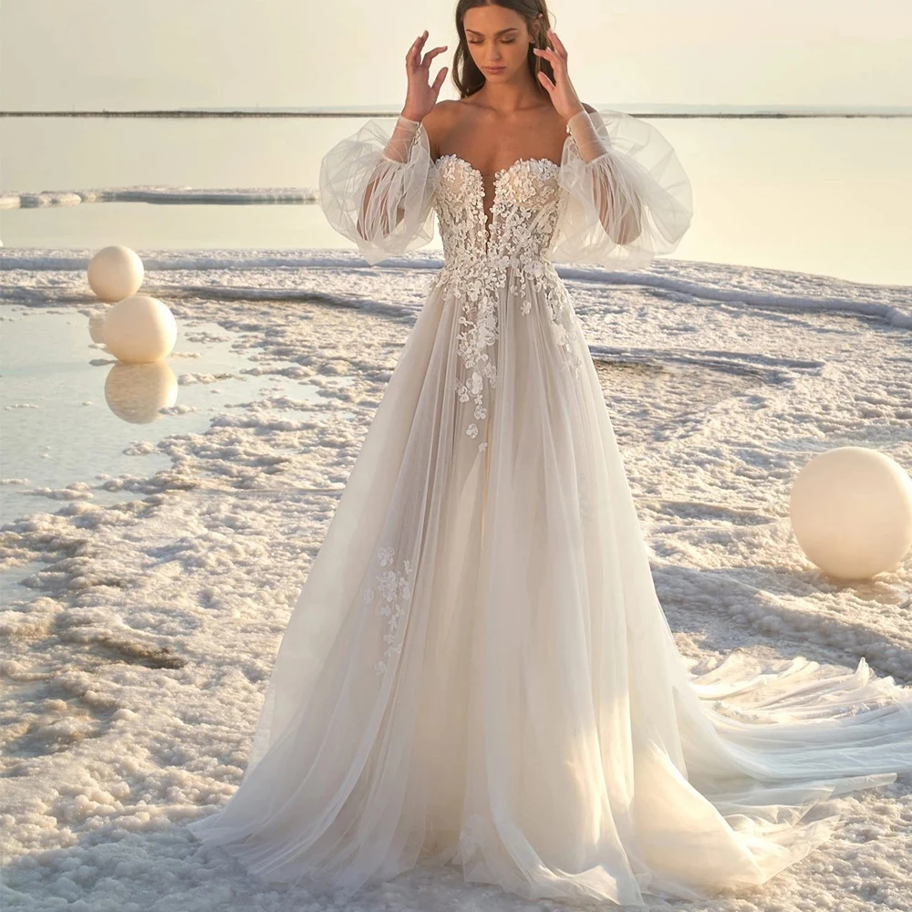 Top Trends: Bohemian Wedding Dresses Women's Elegant Bubble Sleeve Applique Sexy Open Back Bridal Gowns Formal Beach 2024 Formal Beach Party Shoppable Styles