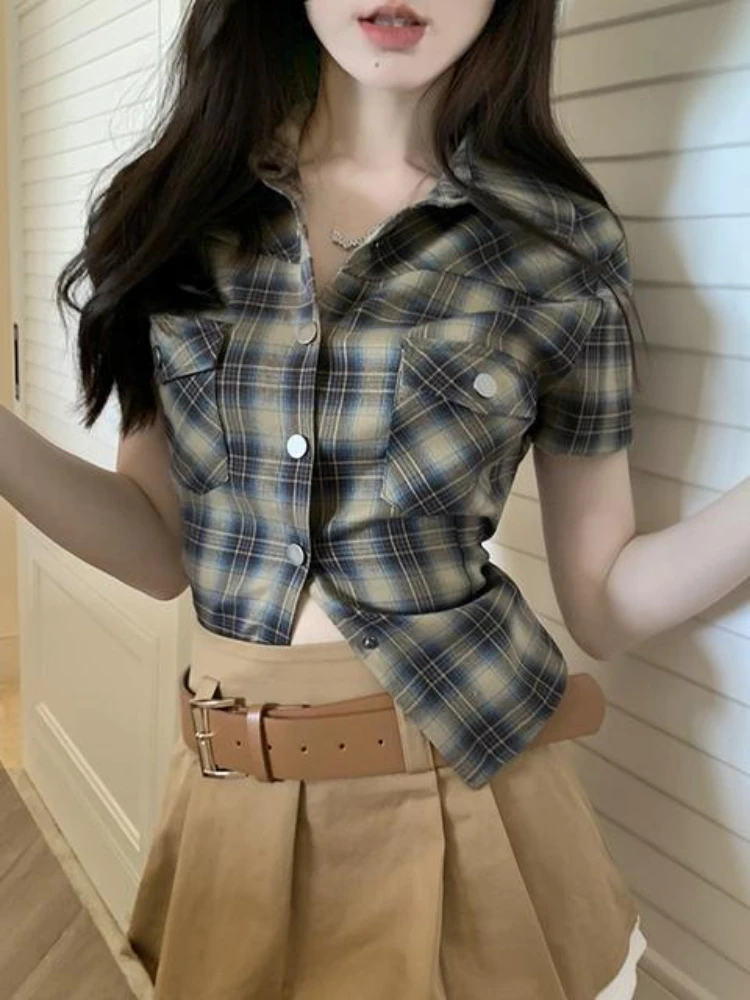 Top Trends: ADAgirl Vintage Short Sleeve Plaid Shirt Women 90s Button Up Cardigan Blouse Female American Retro Sexy Cargo Tight Tops 2023 Shoppable Styles