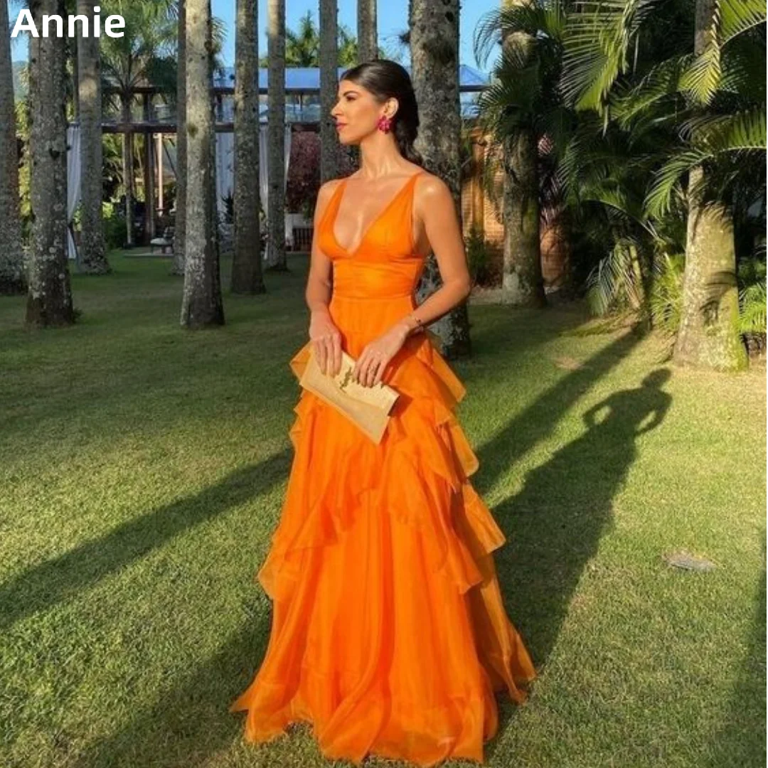 Top Trends: Annie Sexy V-neck Prom Dressess A-shaped Layered Cocktail Custom Evening Dress Orange Ladies Formal Gown فساتين سهره فاخره Shoppable Styles