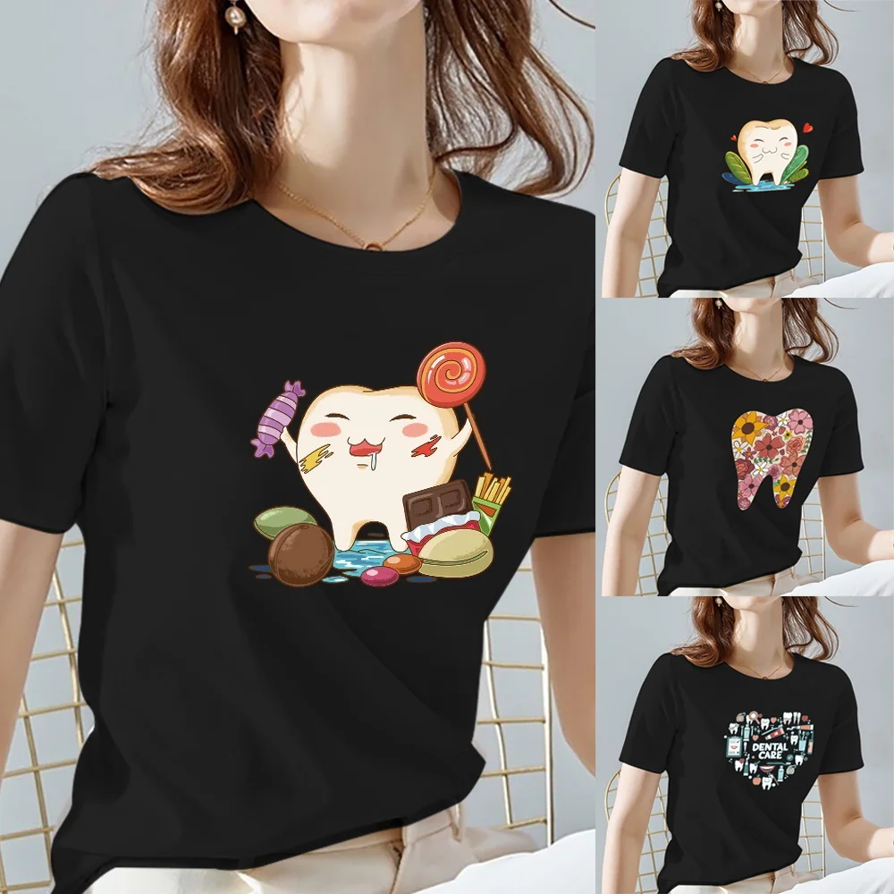 Top Trends: Women Tshirts Summer Teeth Pattern Print Female Tops Tee Casual Black And White Basis Ladies T-shirt Women Clothing Shoppable Styles