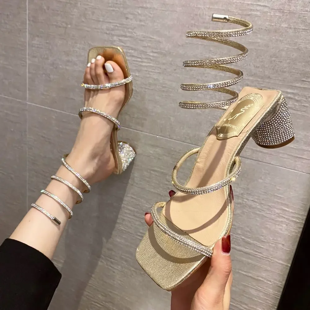 Top Trends: Xibeilove 2023 Summer Luxury Women Sandals Crystal Square Head Gold Rhinestone Snake Pattern High Heels Wedding Party Shoes Shoppable Styles