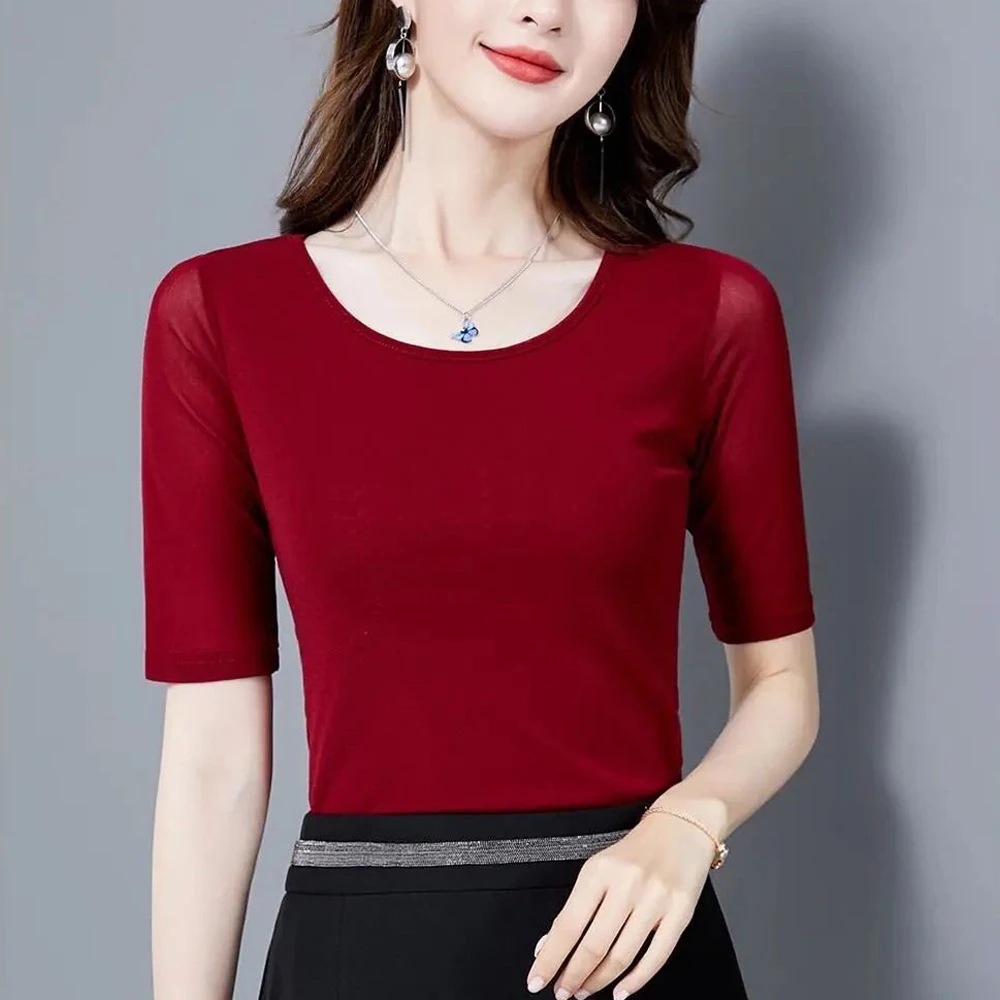 Top Trends: 7 Colors Size S-3XL Colorful Mesh O Neck Female Blouses Transparent Short Sleeve O-neck Thin T Shirt Women Half Sleeve Tops Shoppable Styles