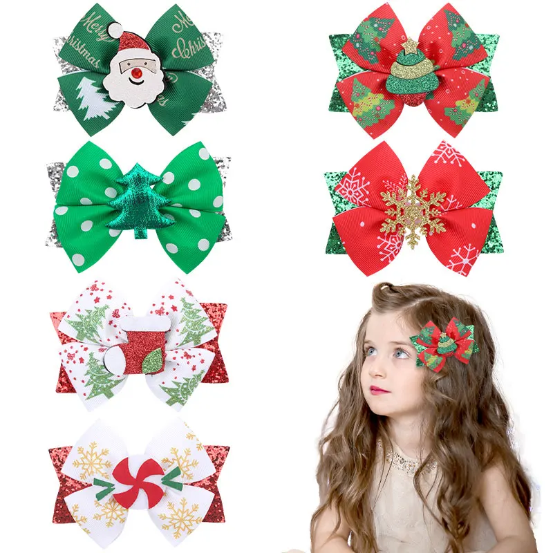 Top Trends: Christmas Hair Bows Clips Sparkly Santa Claus Xmas Socks Hairpins Headwear Christmas Tree Printing Ribbon Hair Clip For Girls Shoppable Styles