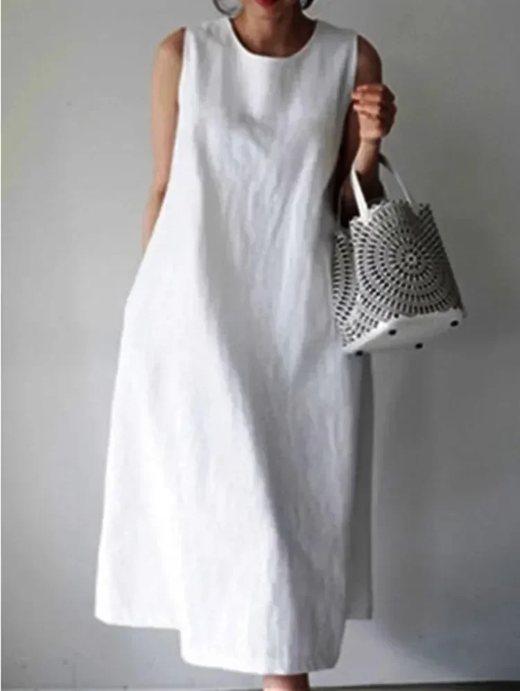 Top Trends: 2024 Summer Women Dress Cotton Linen Tank O-neck Sleeveless White Dresses Female New Elegant Casual Loose Korean Clothes Ladies Shoppable Styles