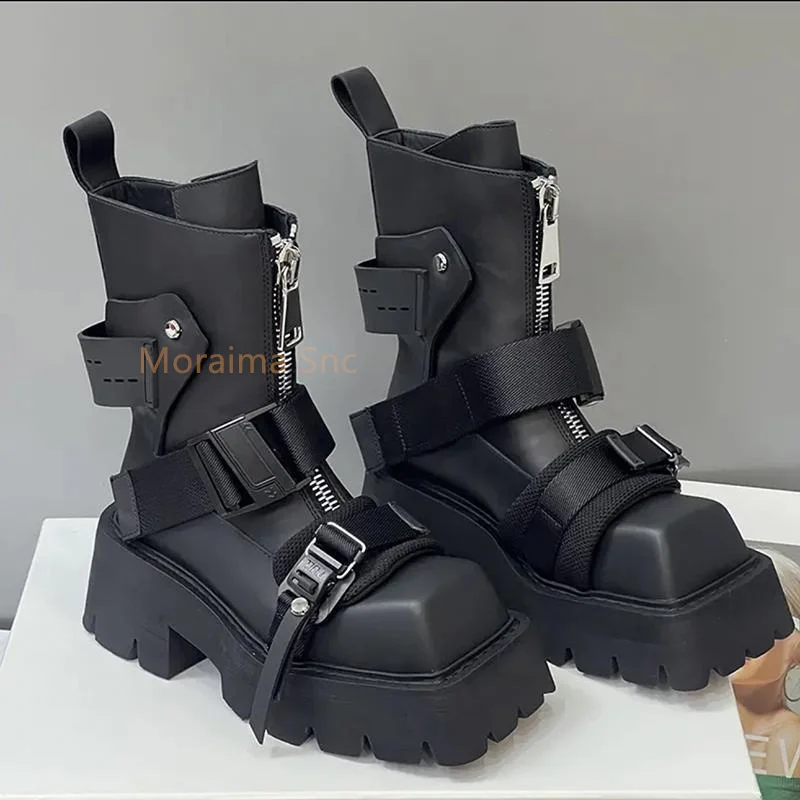 Top Trends: Thick Sole Belt Buckle Square Toe Ankle Boots Women Short Motorcycle Knight Boots Chelsea Boots Zipper Shoes 2023 Autumn Winter Shoppable Styles