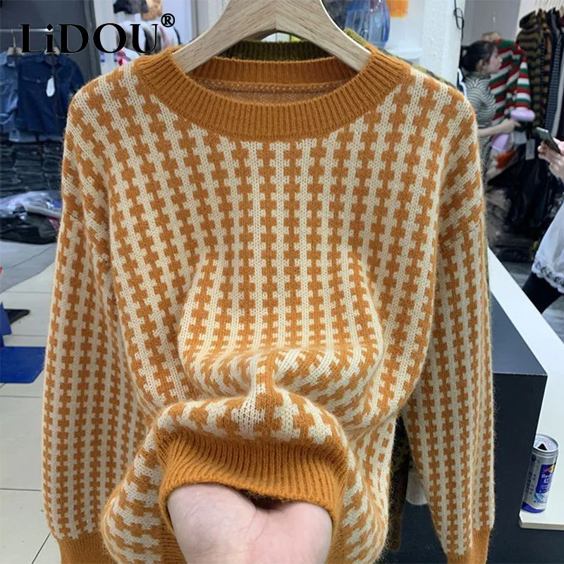 Top Trends: Autumn Winter Round Neck Vintage Plaid Print Sweater Ladies Loose Casual All-match Bottoming Kniting Pullover Tops Women Jumper Shoppable Styles