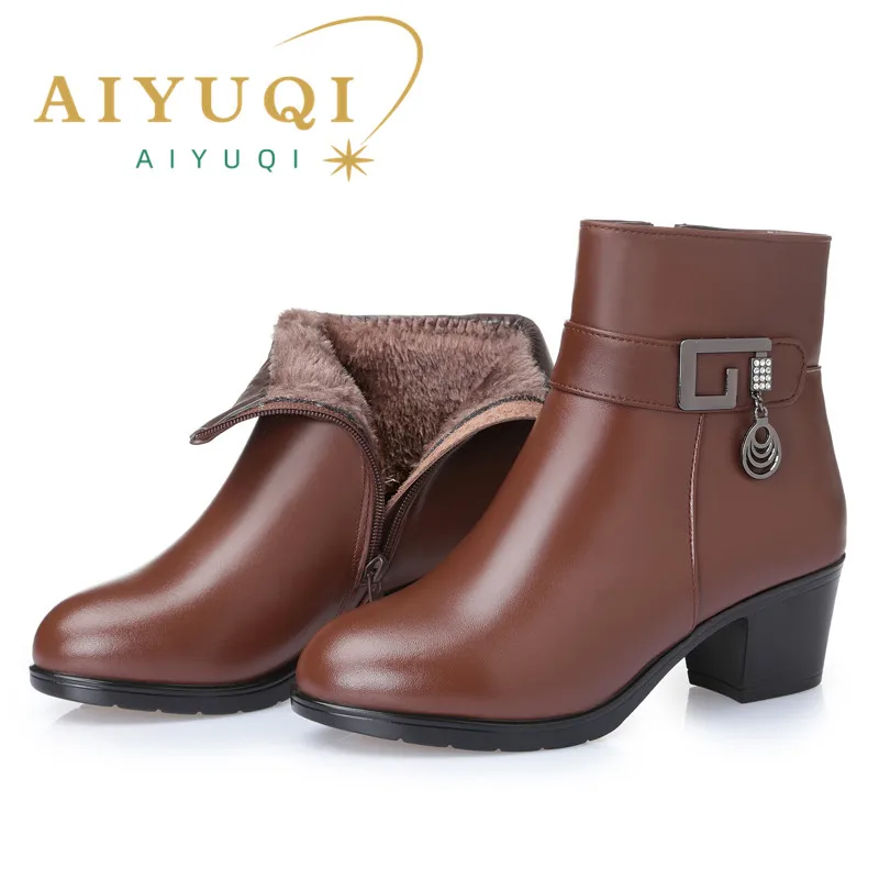 Top Trends: AIYUQI 2024 Genuine Leather Women's Warm Booties Winter Boots Brown Ladies Heel Boots Adult Fashion Villus Boots Shoppable Styles