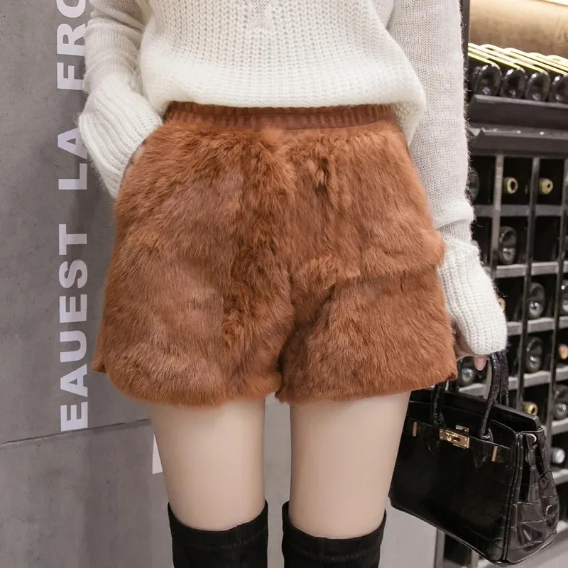 Top Trends: Luxurious High Street Winter Warm Real Rabbit Fur Shorts Thermal Wool Short Trousers Fashion Casual Black Short Pants 2023 New Shoppable Styles