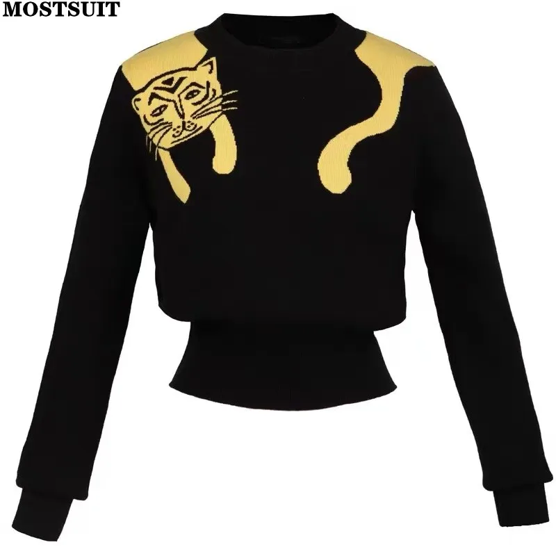 Top Trends: Black Cartoon Jacquard Knit Sweater Pullover Women Long Sleeve O-neck Tops 2023 Winter Stylish Fashion Workwear Jumpers Knitwear Shoppable Styles