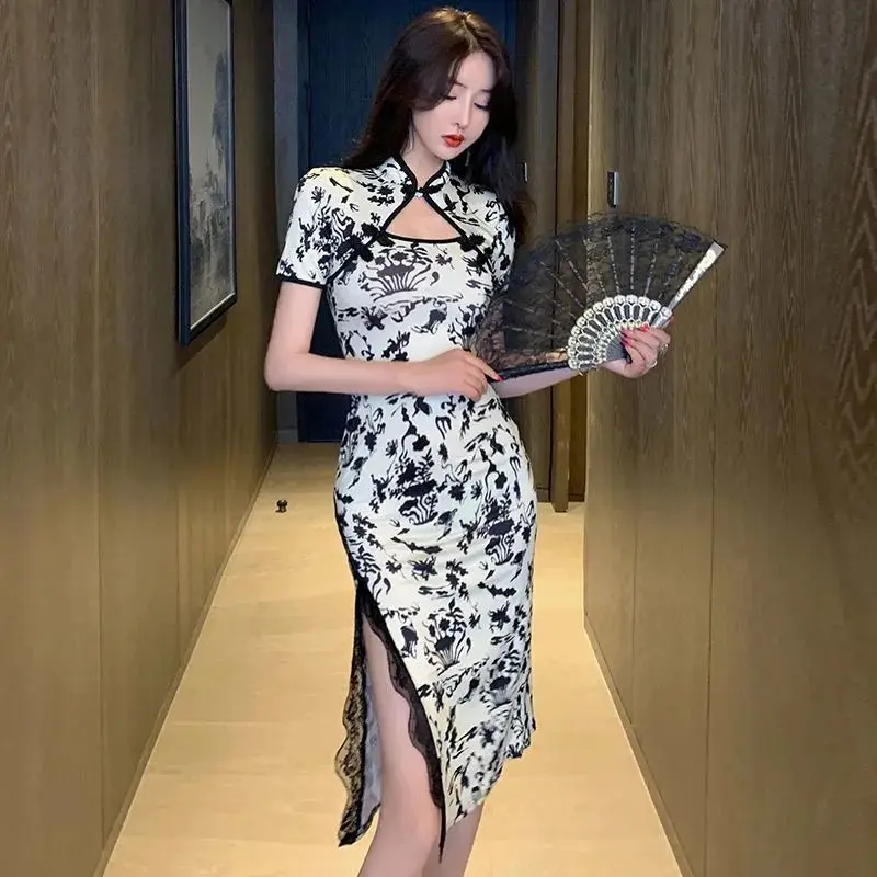 Top Trends: Chinese Style Cheongsam Disc Button X-shaped Dress Summer Fashion Vintage Lace Dress Sexy Elegant Dress For Female Floral Dress Shoppable Styles - Image 3