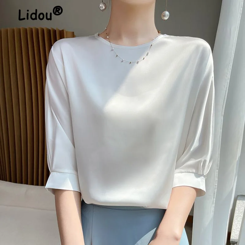 Top Trends: Classic Solid Color Thin Blouse Women Classic Half Sleeve Temperament O-collar Loose Slim Inner Layering Lady Pullover Shirt Shoppable Styles