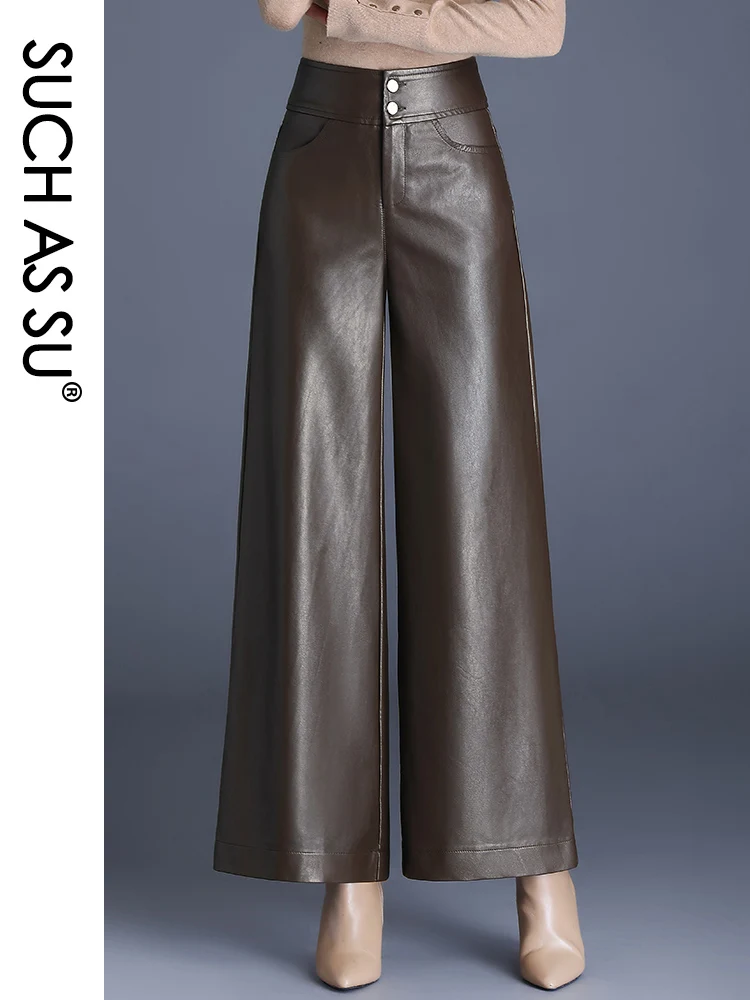 Top Trends: High Quality Women Pockets Wide Leg Pants 2023 Autumn Winter Slim Fit Ankle-Length Culottes PU Leather Elastic Waist Female 1711 Shoppable Styles