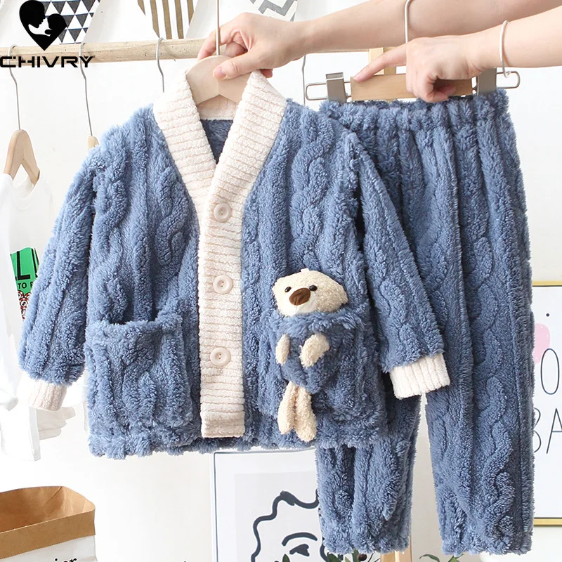 Top Trends: New 2023 Autumn Winter Kids Thicken Warm Flannel Pajamas Baby Boys Girls Cartoon Bear Casual Sleepwear Clothing Sets Pyjamas Shoppable Styles