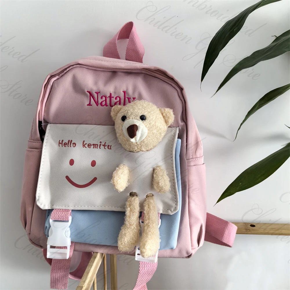 Top Trends: New Children's Kindergarten School Bag Personalized Name Cute Little Bear Spliced Snack Bag Customized Primary Fashion Schoolbag Shoppable Styles