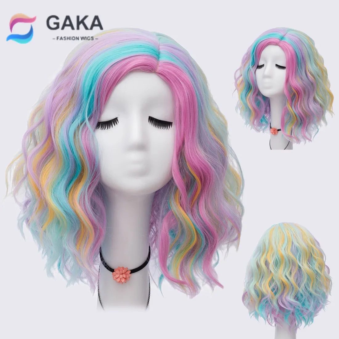 Top Trends: GAKA Synthetic Hair Short Curls Mixed Rainbow Color Fake Hair Purple-Blue With Blonde Red Highlight Bob Wig Ladies Shoppable Styles