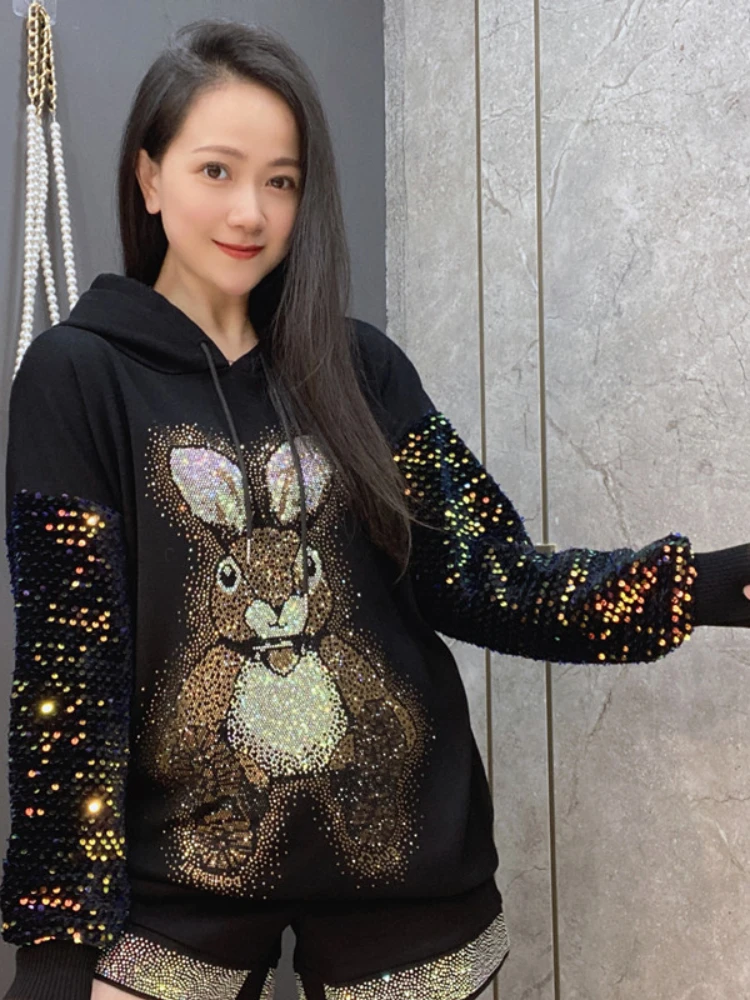 Top Trends: Cartoon Rabbit Rhinestone Sequins Hoodie Coat 2023 Spring Autumn Women's Clothing Hot Drilling Long Sleeve Sweater For Women Shoppable Styles - Image 4