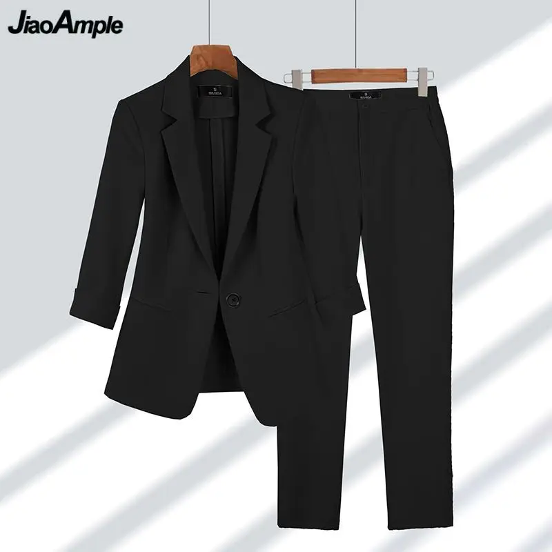 Top Trends: Women Blazer Pants 2 Piece Set Spring Summer Thin Office Lady Basic Joker Black Suit Coat Trousers Outfits Work Clothing Female Shoppable Styles