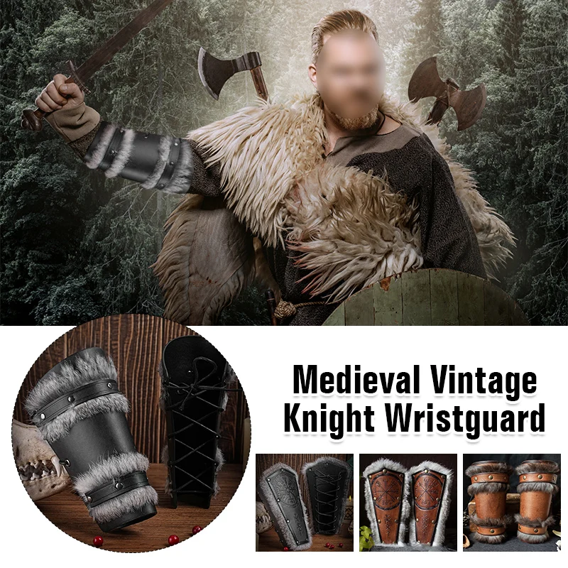 Top Trends: 1Pcs Medieval Viking Knight Arm Gauntlets PU Leather Fur Armor Bracer Vambrace Knight Arm Guards Samurai Larp Bracers Cosplay Shoppable Styles