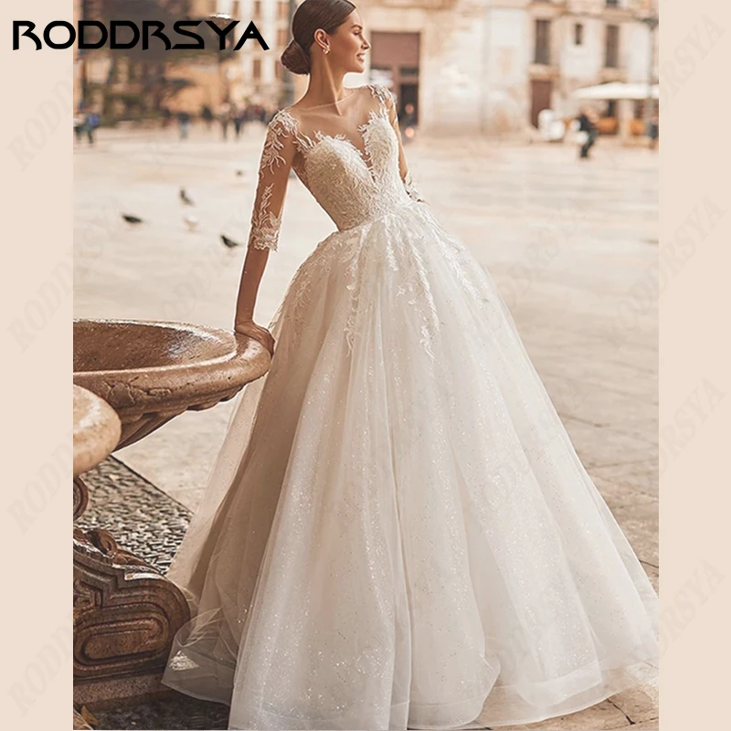 Top Trends: RODDRAYA Scoop-Neck Wedding Dress Illusion Back Bridal Gown A-line Tulle Bride Party 3 / 4 Sleeve Lace Applique Vestido De Noiva Shoppable Styles