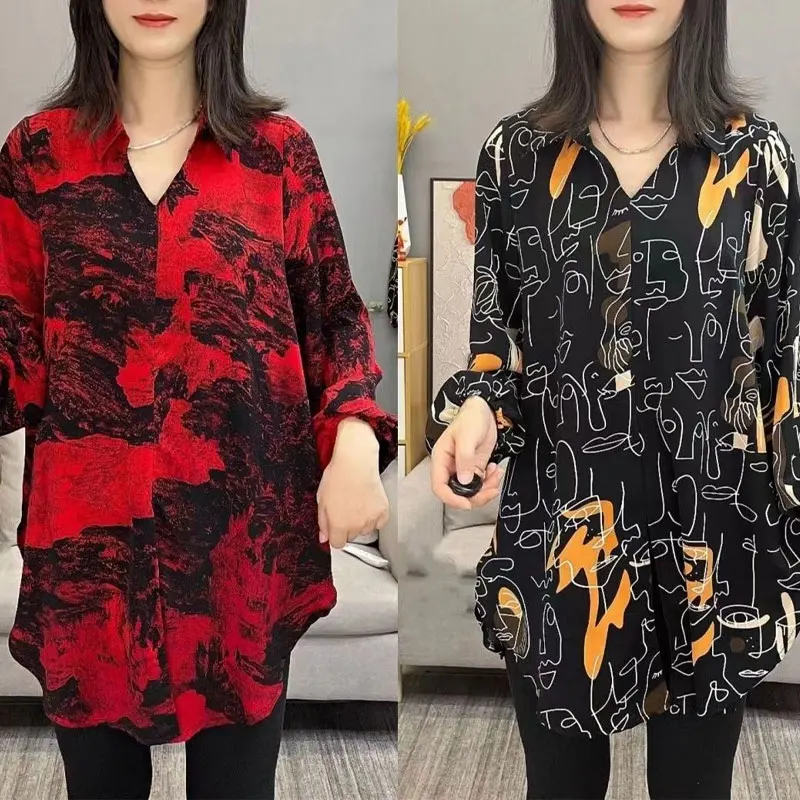 Top Trends: Stylish Streetwear Hand-Painted Printed Blouse Spring Autumn Casual Turn-down Collar Women&#039;s Clothing Commute Loose Midi Shirt Shoppable Styles