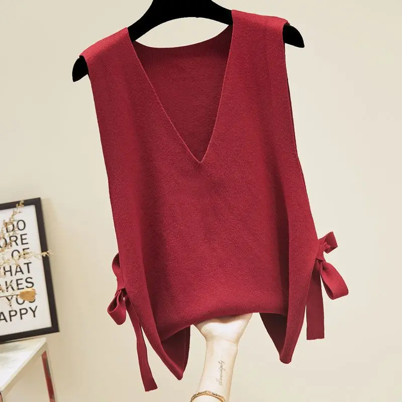 Top Trends: Basic Solid Color Casual V-Neck Sweater Vest Spring Autumn Korean Loose Sleeveless Women&#039;s Clothing Fashion Drawstring Jumpers Shoppable Styles