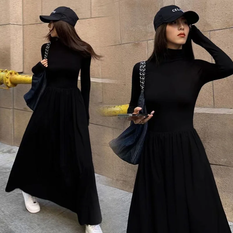 Top Trends: Korean Autumn Winter Dress Women 2023 French Elegant Half Turtleneck Evening Dress Female Pleated Slim One-piece Black Dress Shoppable Styles