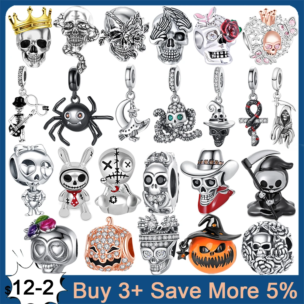 Top Trends: Halloween Gothic Charms 925 Sterling Silver Beads Skull Skeleton Fit Original Pandora Bracelet Necklace Jewelry Making DIY Gift Shoppable Styles