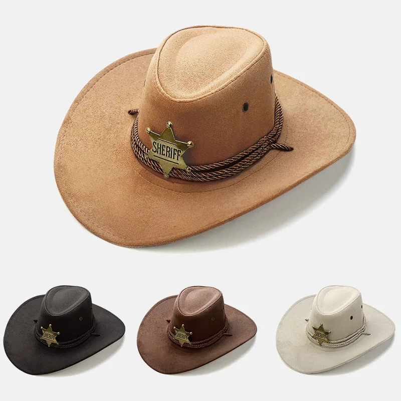 Top Trends: Western Cowboy Hat Retro Sheriff Cap Sunscreen With Wind Rope Hat Men And Women Horseback Riding Tourism Fishing Sunshade Cap Shoppable Styles