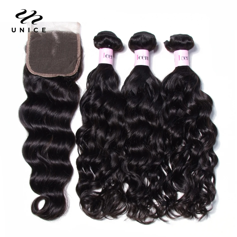 Top Trends: UNice Hair Peruvian Natural Wave Closure With Bundles 4*4 Free Part Lace Closure With 3 Bundles Human Hair Weaving Virgin Hair Shoppable Styles